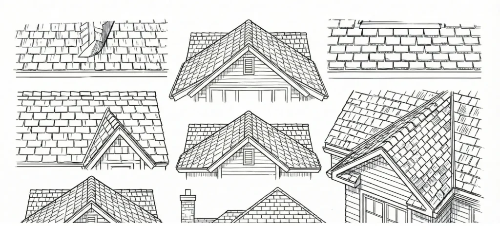 image of shingle roofs in a line drawing style. total of 8 roofs are shown in the drawing.